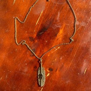 christian girl autumn! dark brassy gold and black stone feather pendant necklace